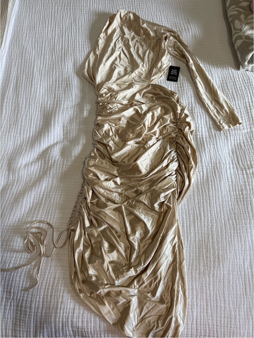 NWT Express Satin One-Shoulder Ruched Evening Dress in Champagne